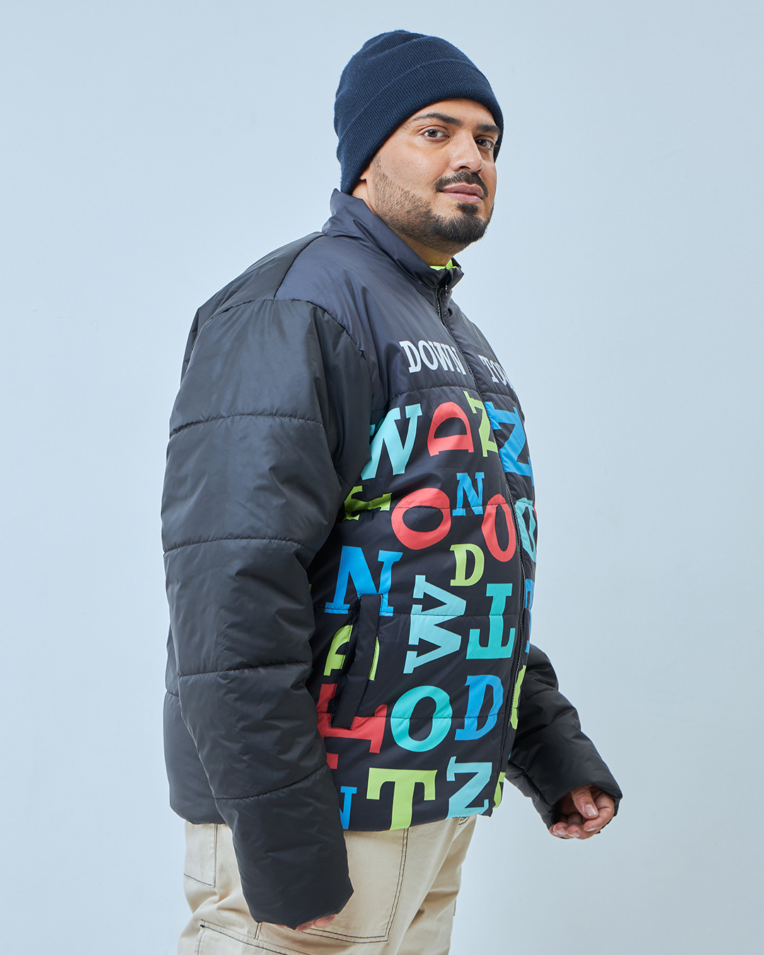 Shop Men's Black & Blue Bate Typography Oversized Plus Size Puffer Jacket-Back