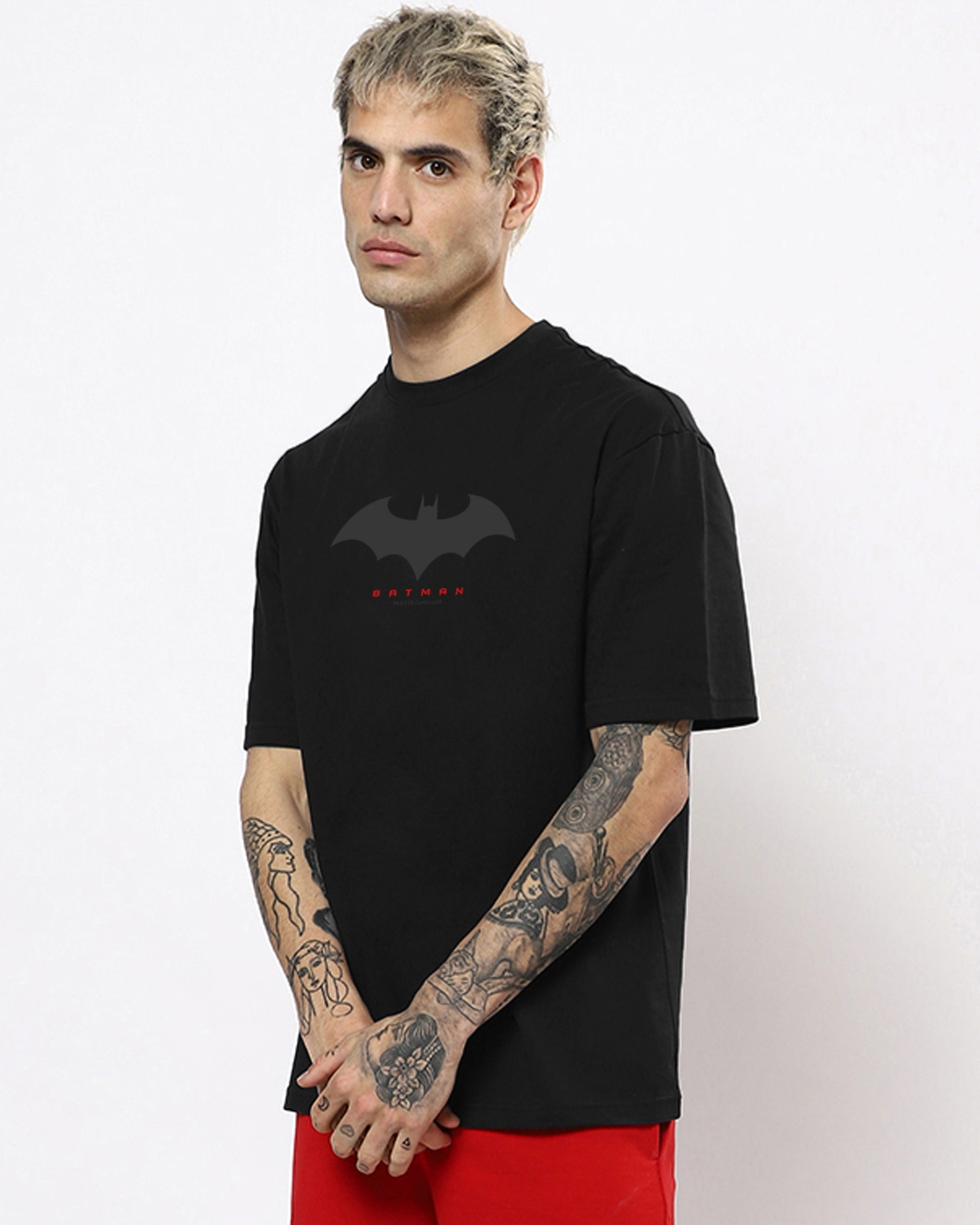 Shop Men's Black Batman Outline Logo Graphic Printed Oversized T-shirt-Back