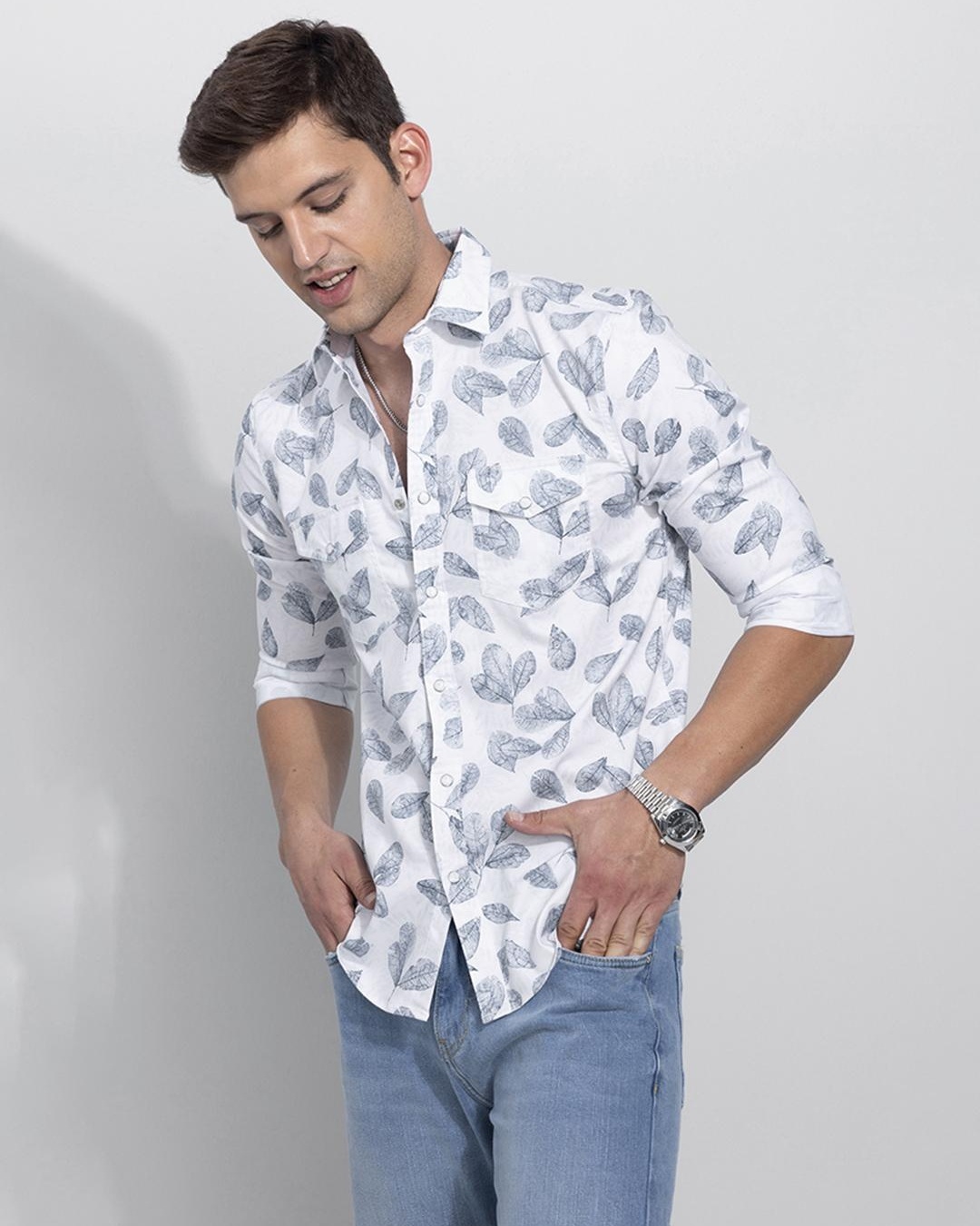 Shop Men's Black Beach Leaf Printed Slim Fit Shirt-Back
