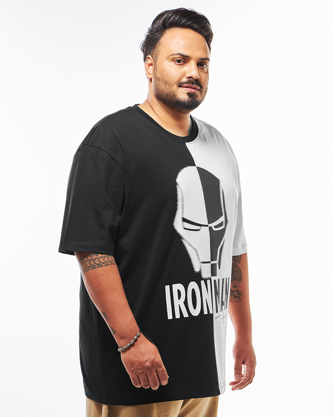 Shop Men's Black & White Iron Man Graphic Printed Oversized Plus Size T-shirt-Back