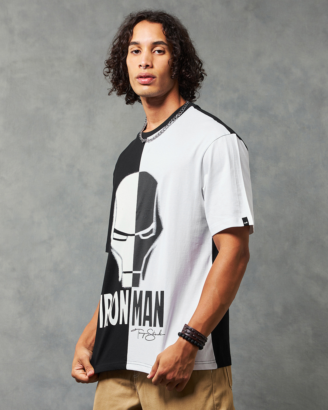 Shop Men's Black & White Iron Man Color Block Oversized T-shirt-Back