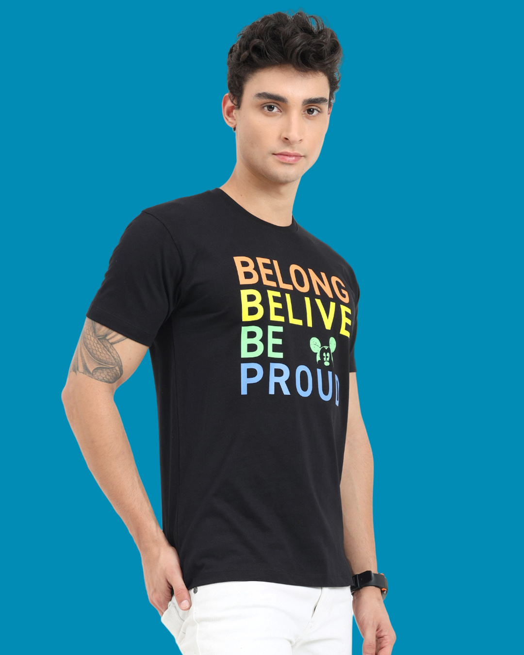 Shop Men's Black Belong Belive Be Proud Typography T-shirt-Back