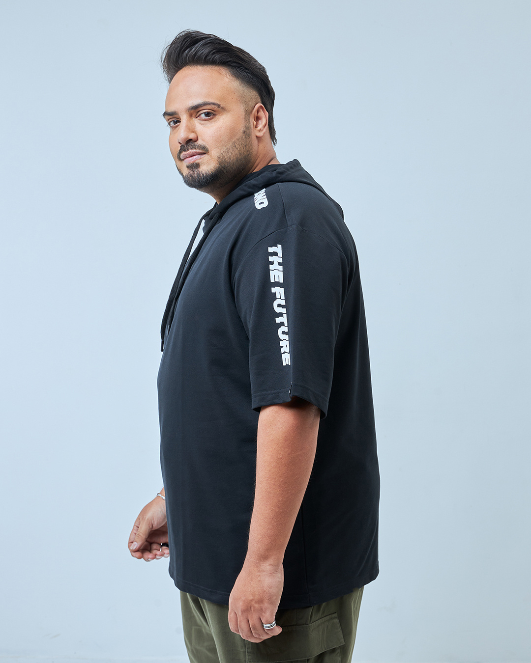 Shop Men's Black Beyond the Future Typography Oversized Plus Size Hooded T-shirt-Back