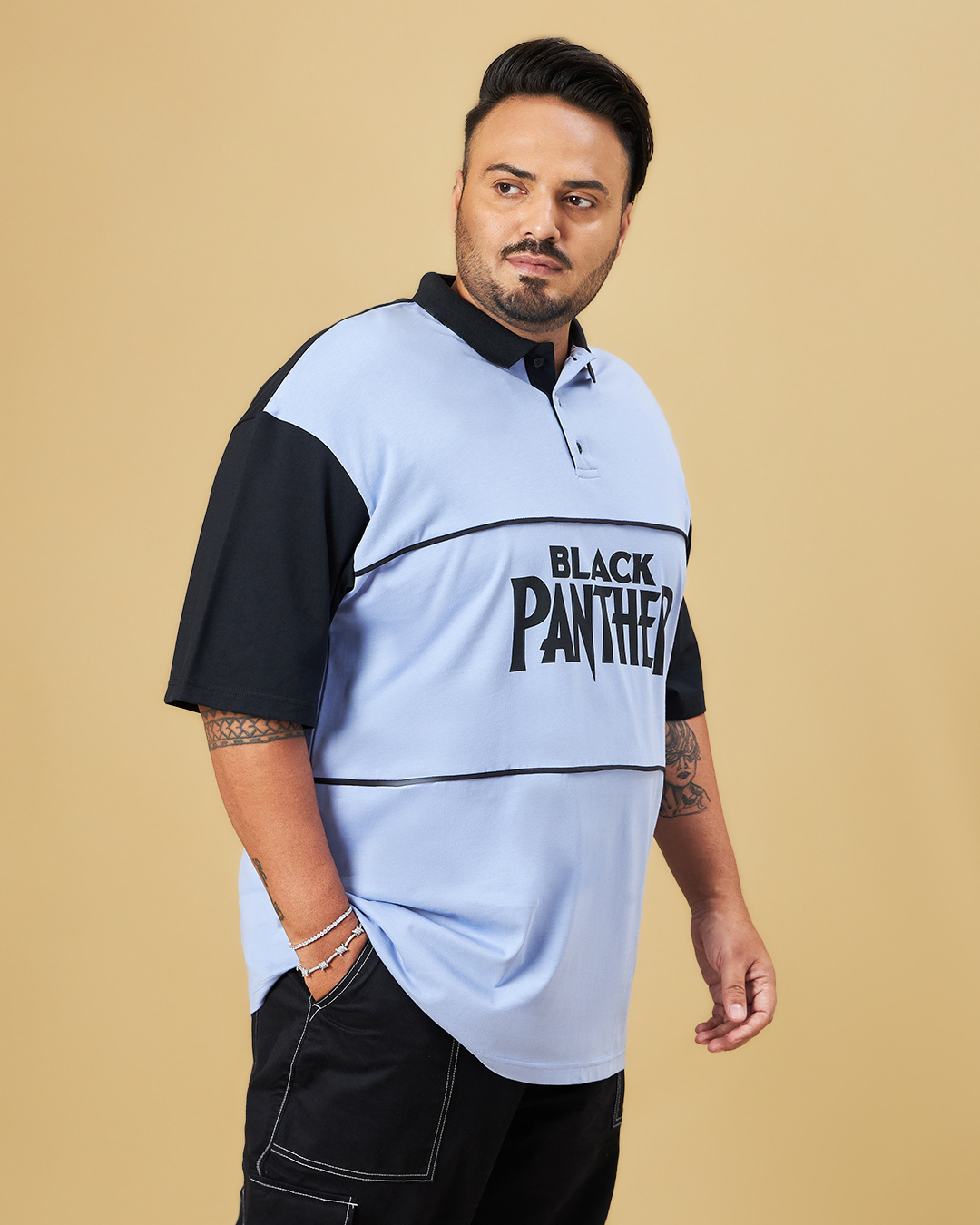 Shop Men's Blue Black Panther Graphic Printed Oversized Plus Size Polo T-shirt-Back
