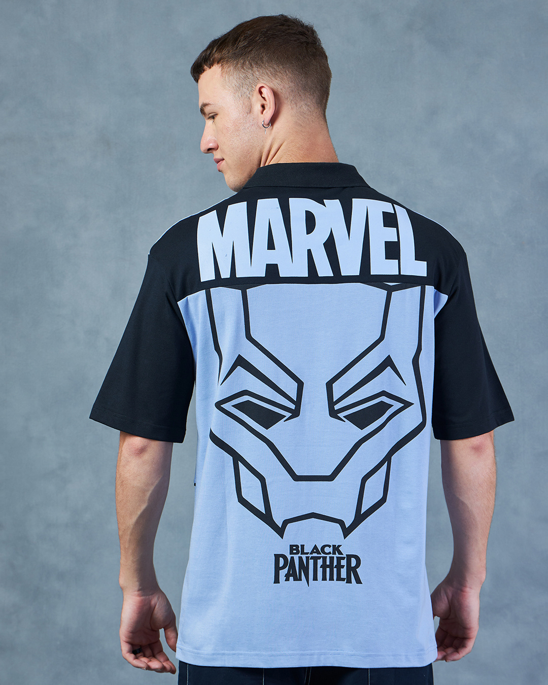 Shop Men's Blue Black Panther Graphic Printed Oversized Polo T-shirt-Back