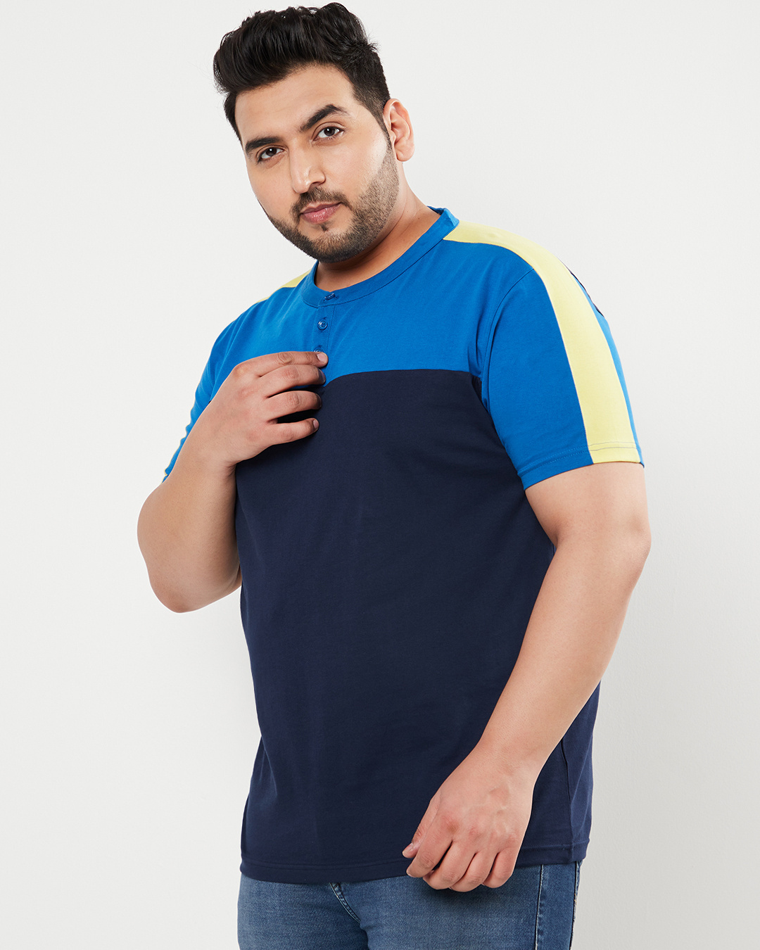 Shop Men's Black & Blue Color Block Henley Plus Size T-shirt-Back