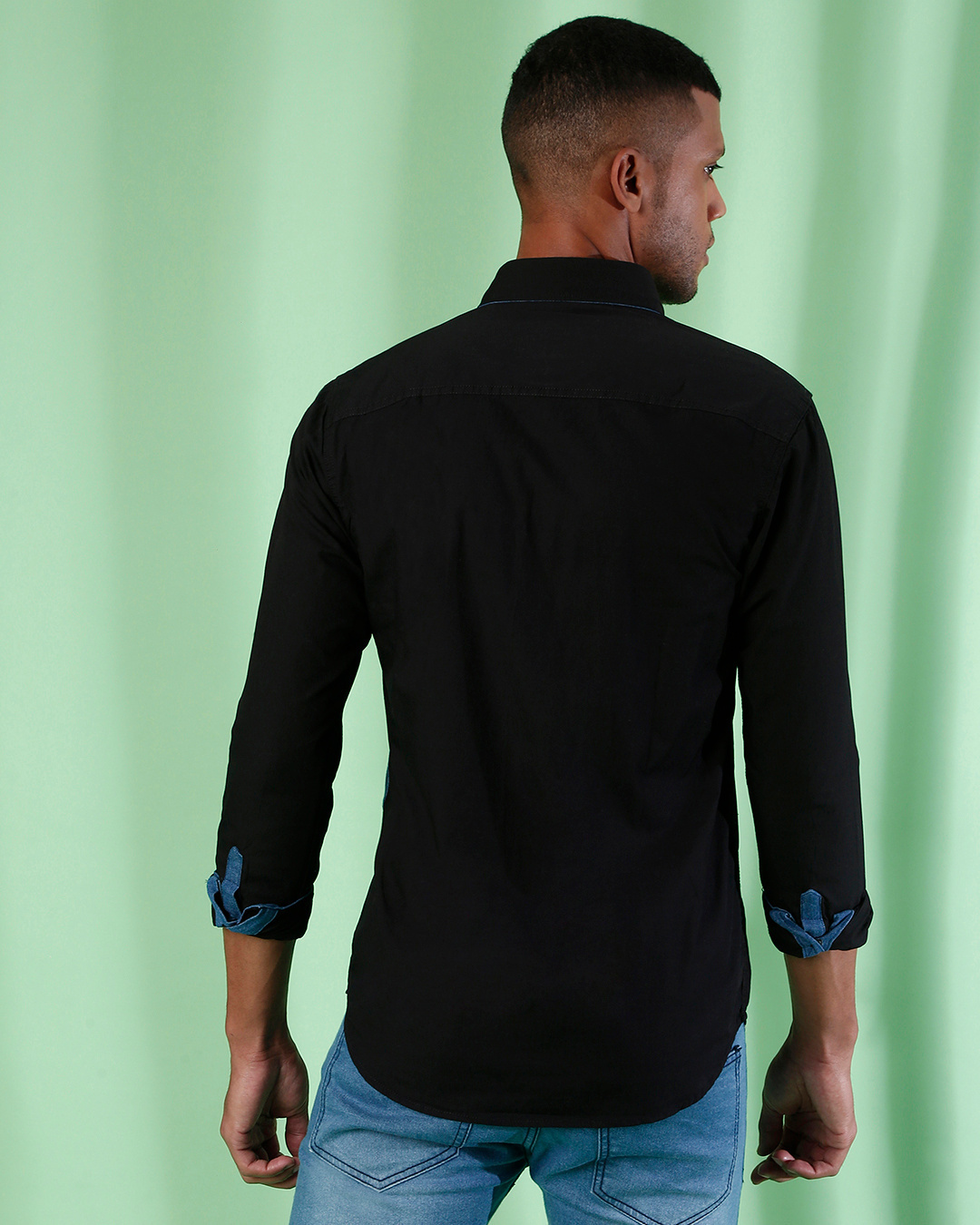 Shop Men's Black & Blue Color Block Regular Fit Shirt-Back