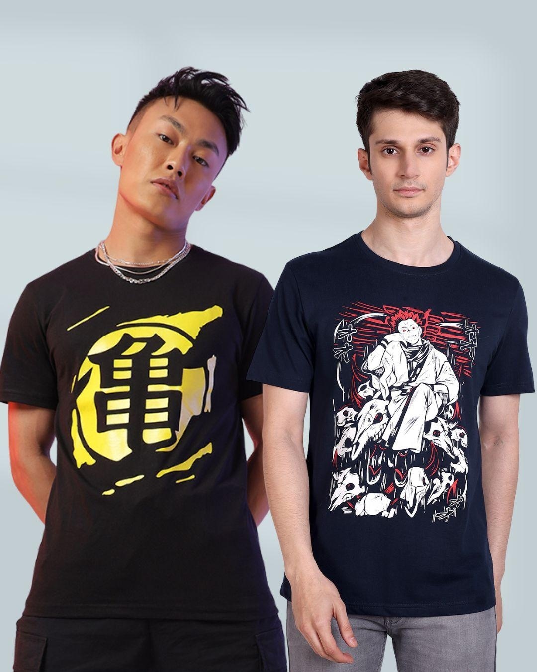Buy Pack of 2 Men's Black & Blue Graphic Printed T-shirt Online at Bewakoof