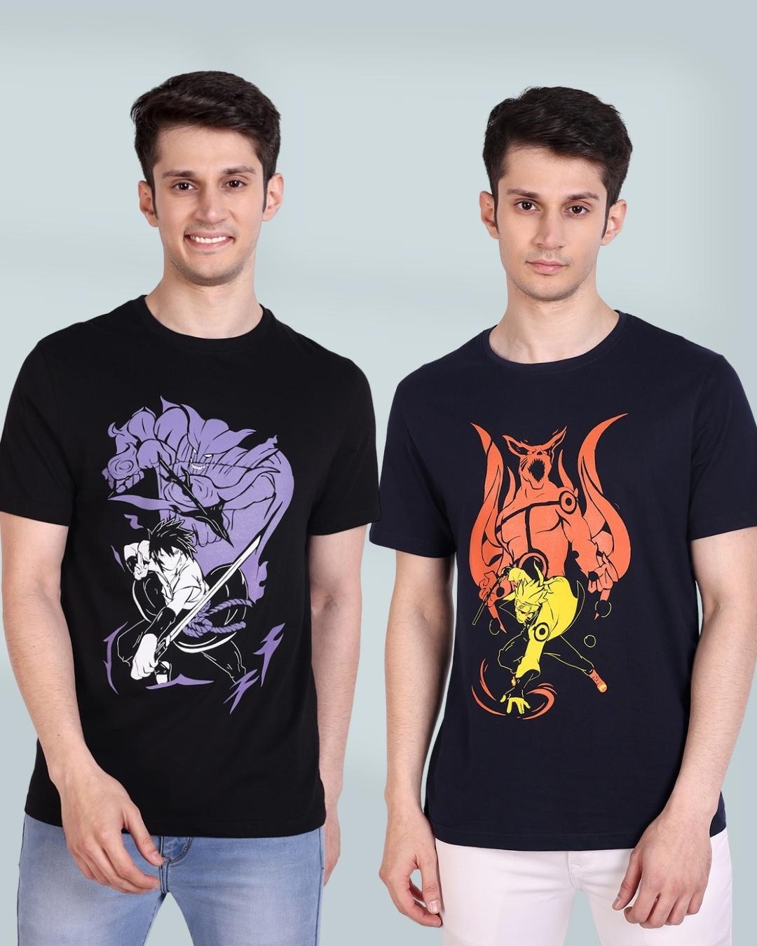 Buy Pack of 2 Men's Black & Blue Graphic Printed T-shirt Online at Bewakoof