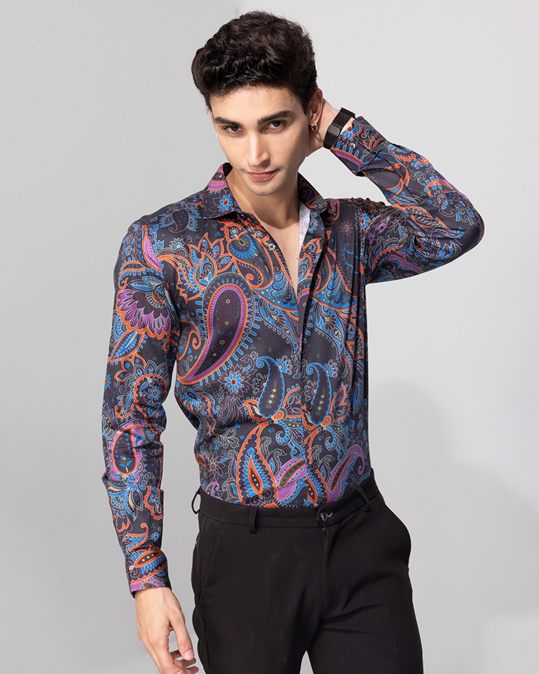 Buy Men's Black Bohemian Paisley Printed Slim Fit Shirt for Men Black ...