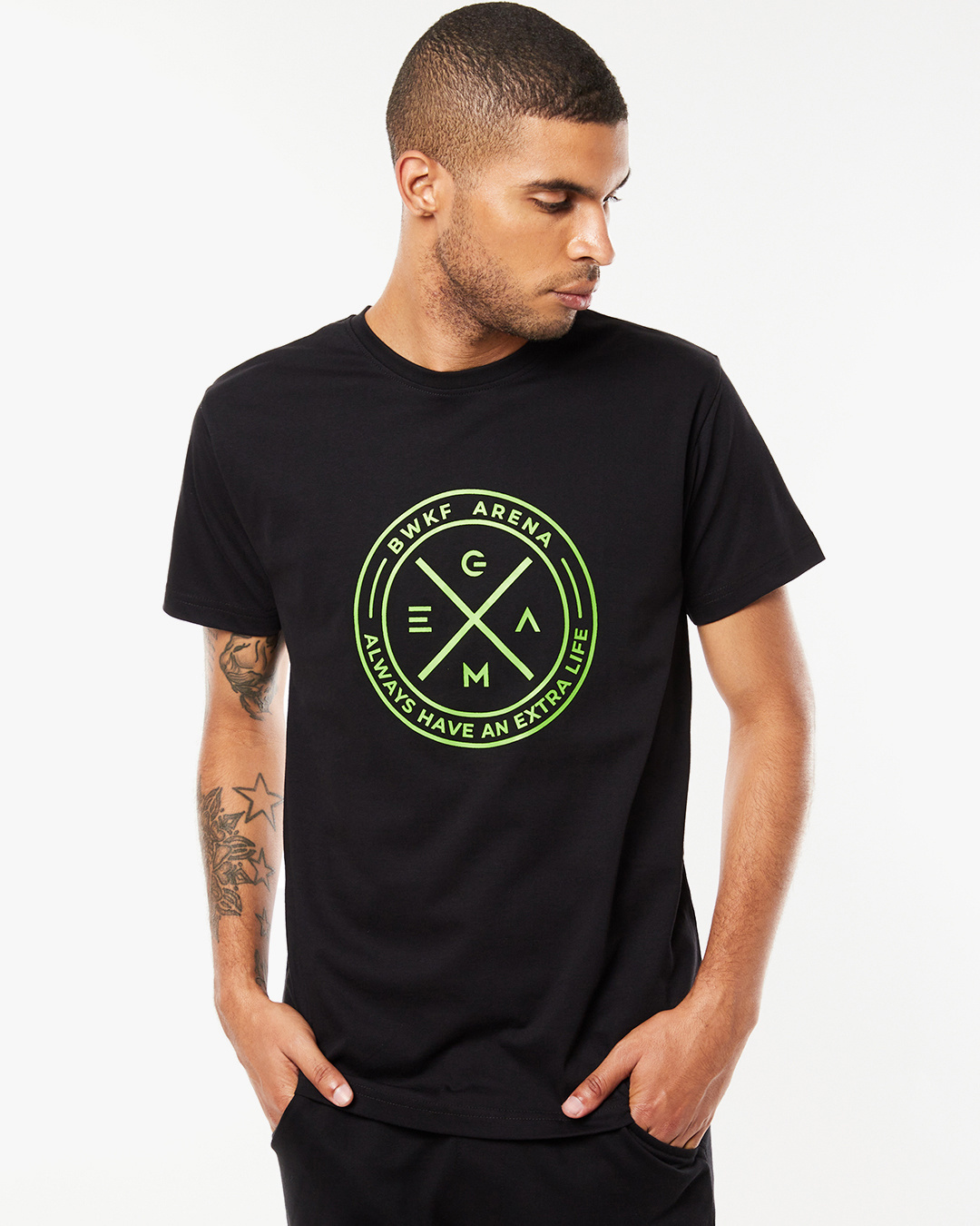 Shop Men's Black BWKF Arena Typography T-shirt-Back