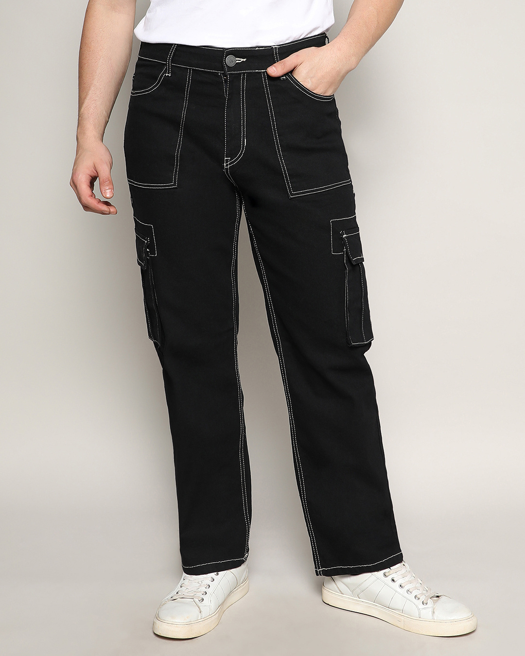 Shop Men's Black Relaxed Fit Cargo Jeans-Back