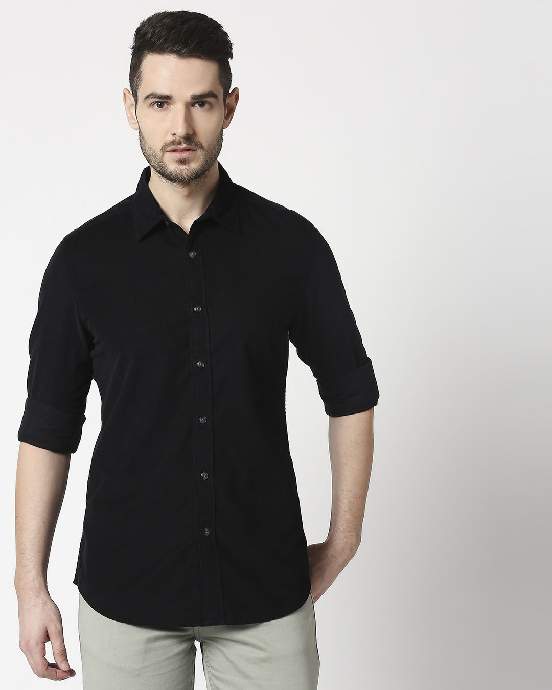 Shop Men's Black Casual Slim Fit Corduroy Shirt-Back