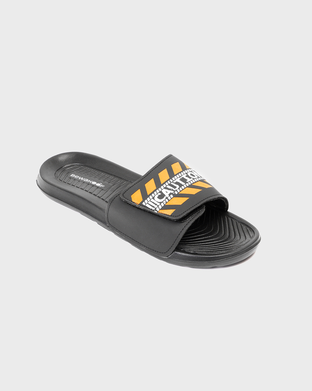 Shop Men's Black Caution Printed Velcro Sliders-Back