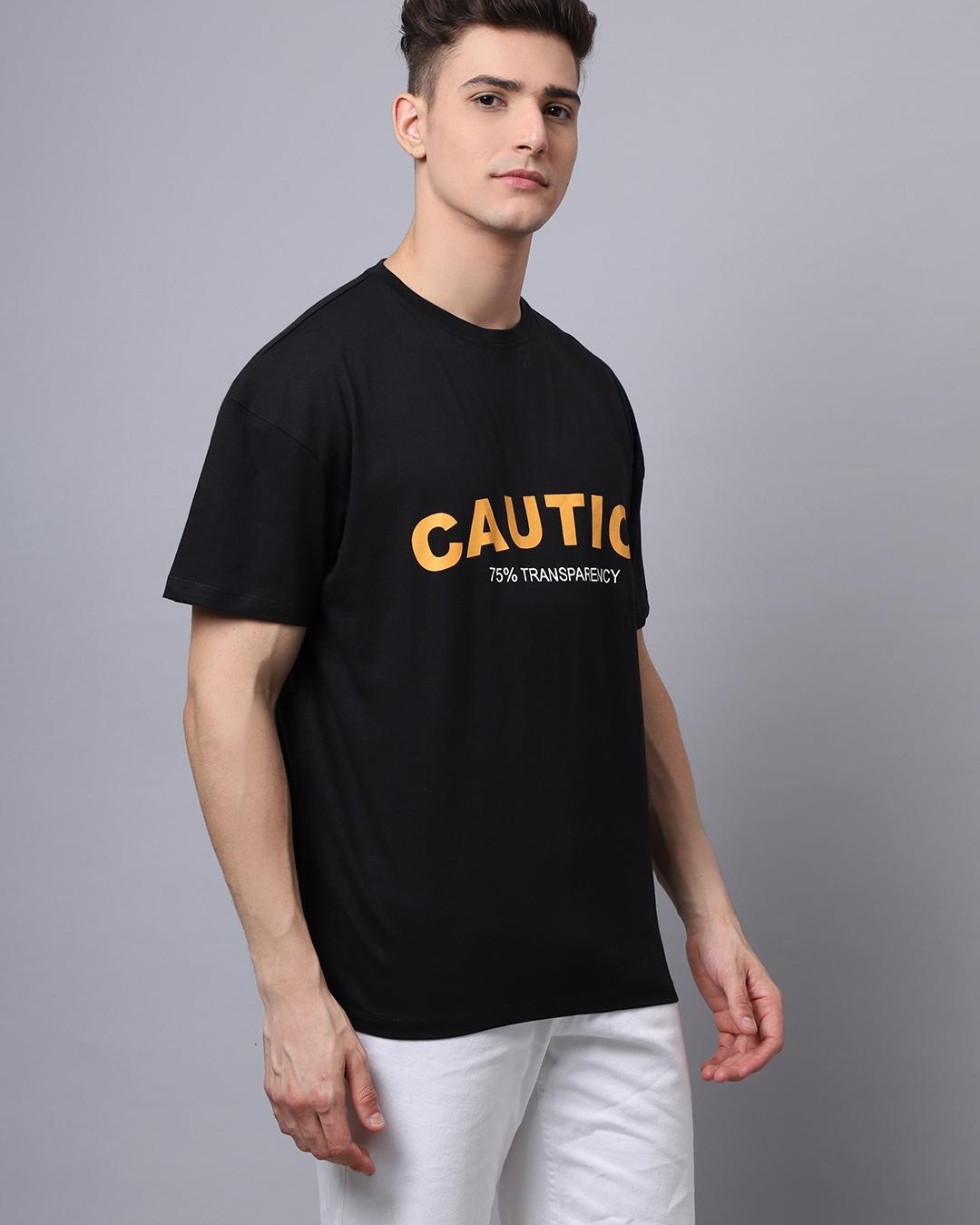 Shop Men's Black Caution Typography Oversized T-shirt-Back
