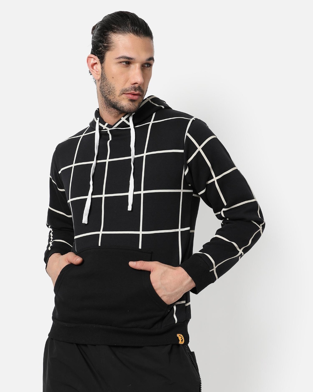Shop Men's Black Checked Hooded Sweatshirt-Back