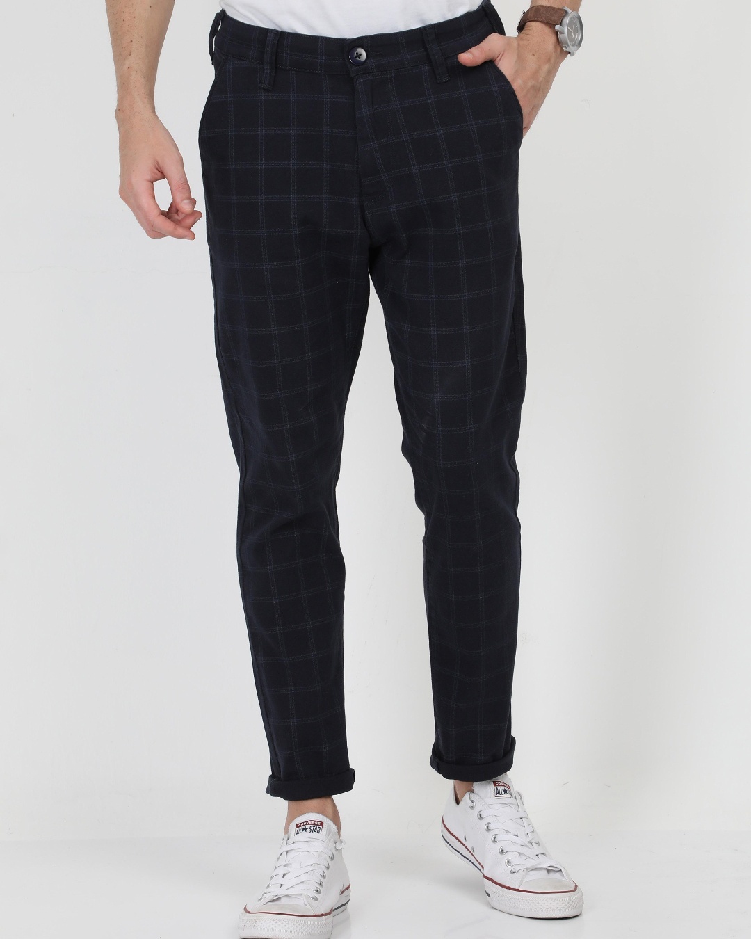 Buy Men's Black Checked Slim Fit Trousers Online at Bewakoof