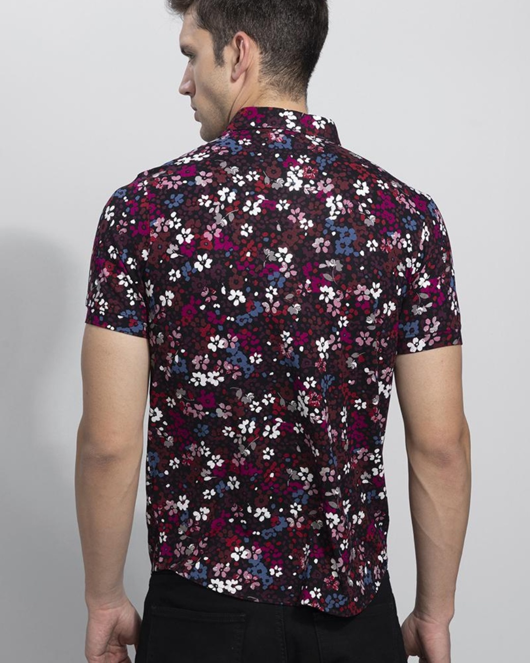 Shop Men's Black Cherry Blossom Floral Printed Slim Fit Shirt-Back