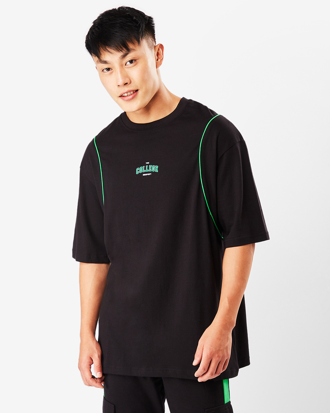 Shop Men's Black College Typography Oversized Piping T-shirt-Back