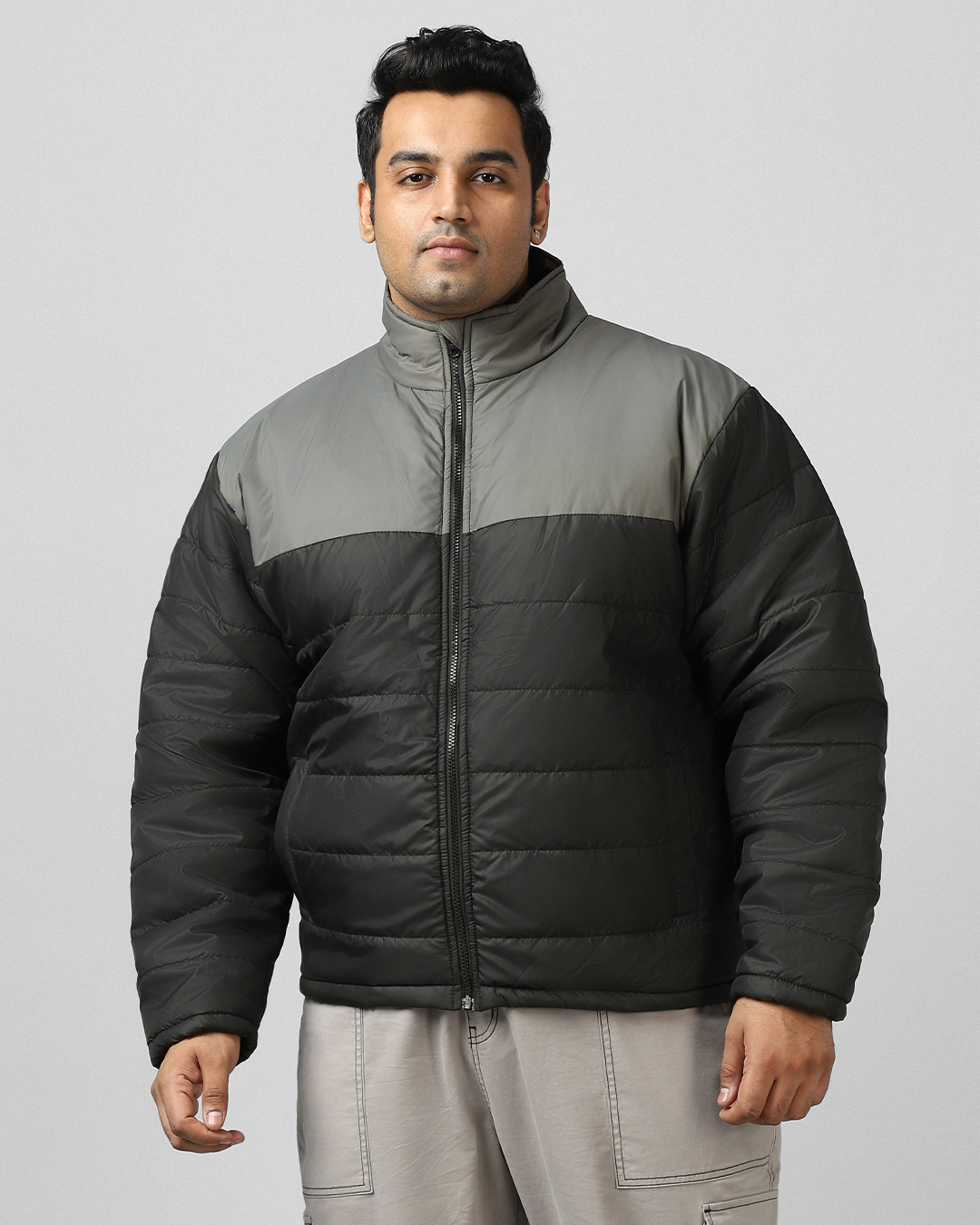 Shop Men's Black & Grey Color Block Oversized Plus Size Jacket-Back