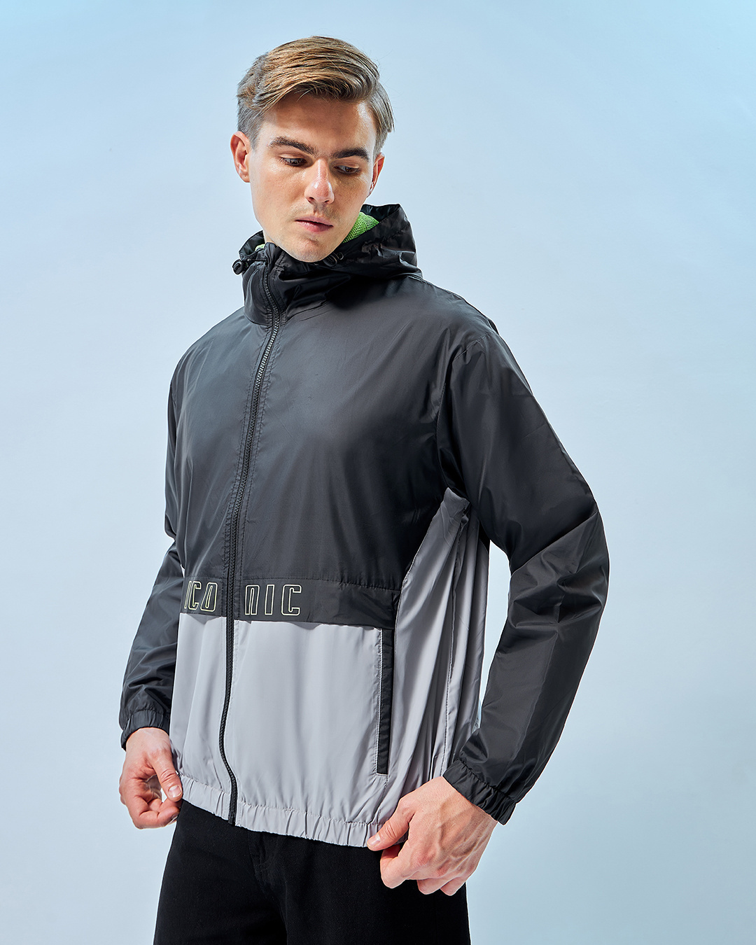 Shop Men's Black & Grey Color Block Oversized Windcheater Jacket-Back