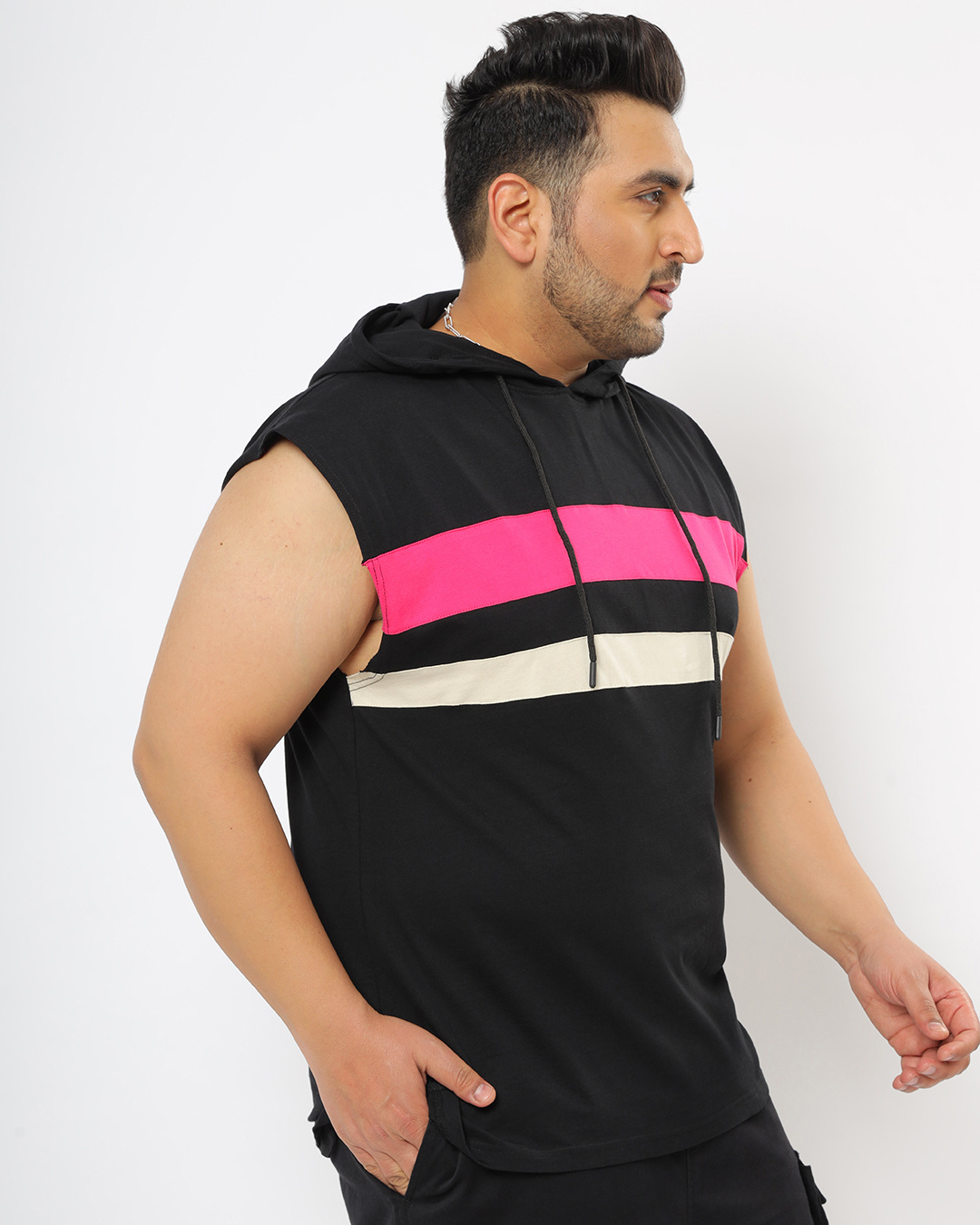 Shop Men's Black Striped Plus Size Hoodie Vest-Back