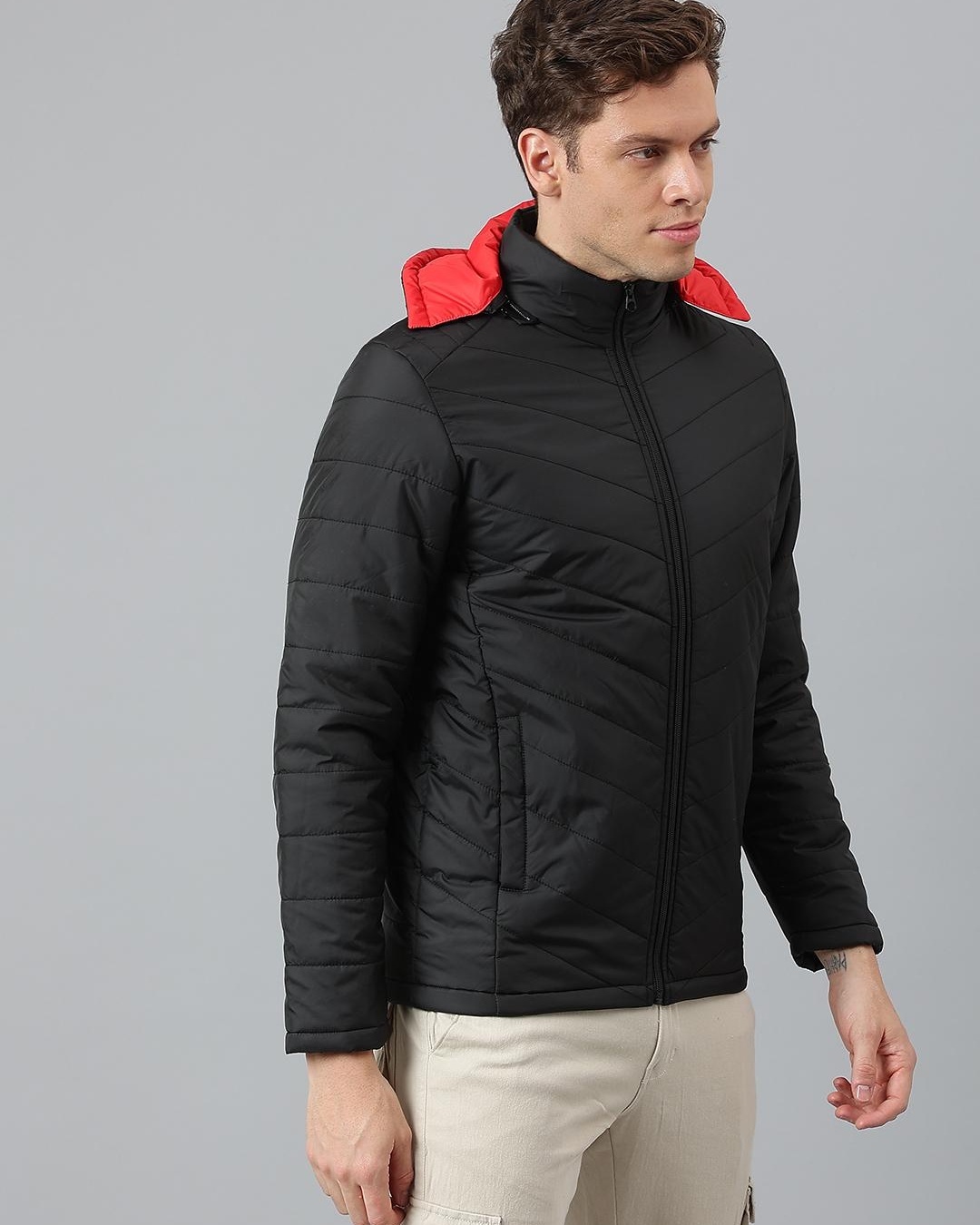 Buy Men's Black Color Block Puffer Hooded Jacket Online at Bewakoof