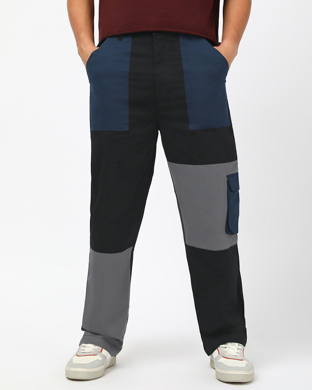 Shop Men's Black Color Block Straight Fit Cargo Pants-Back