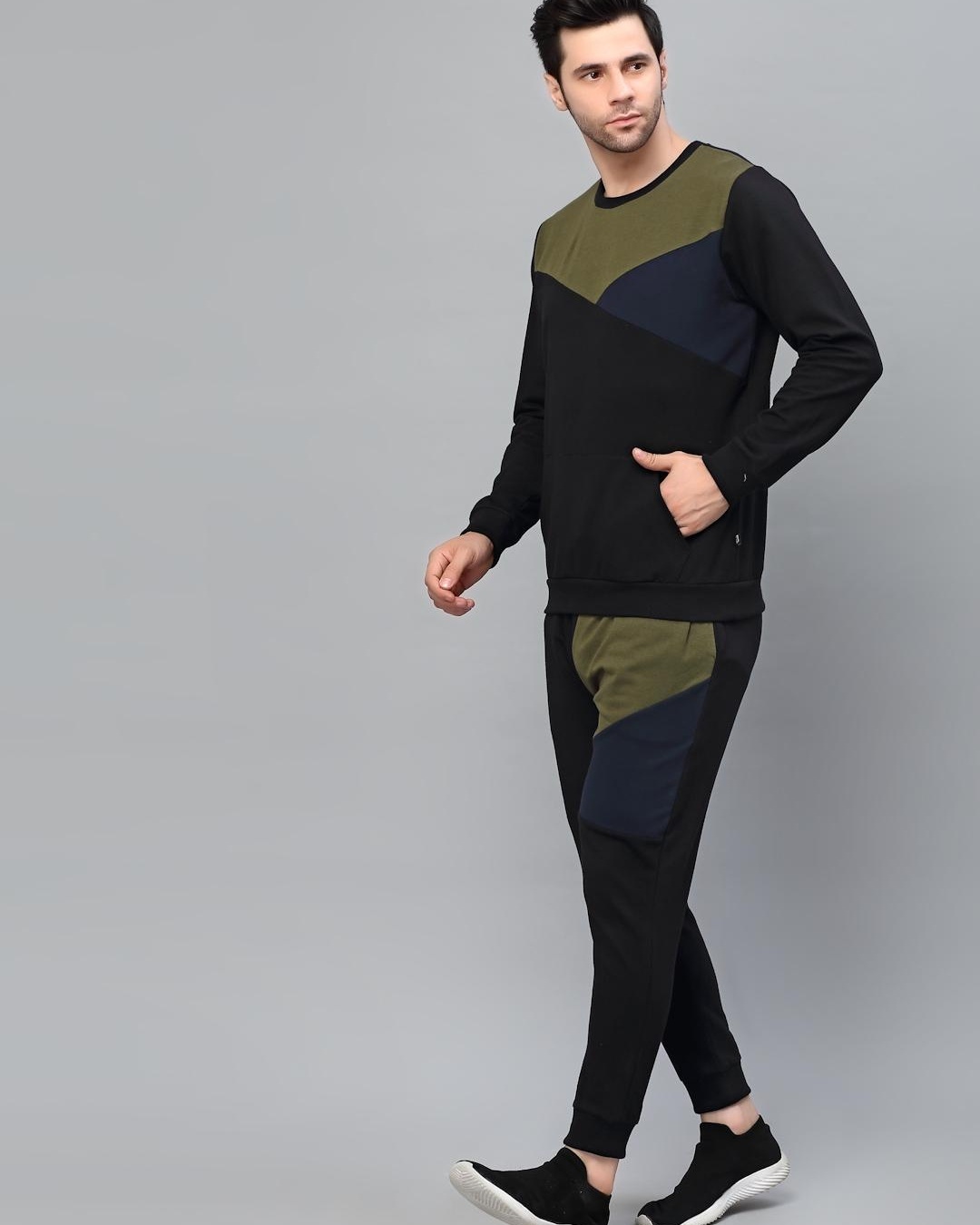 Shop Men's Black Color Blocked Slim Fit Tracksuit-Back