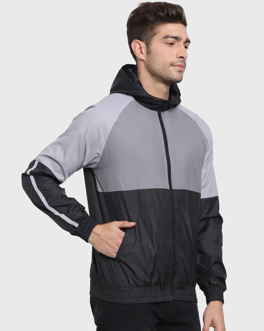 Shop Men's Black & Grey Color Block Plus Size Windcheater Jacket-Back