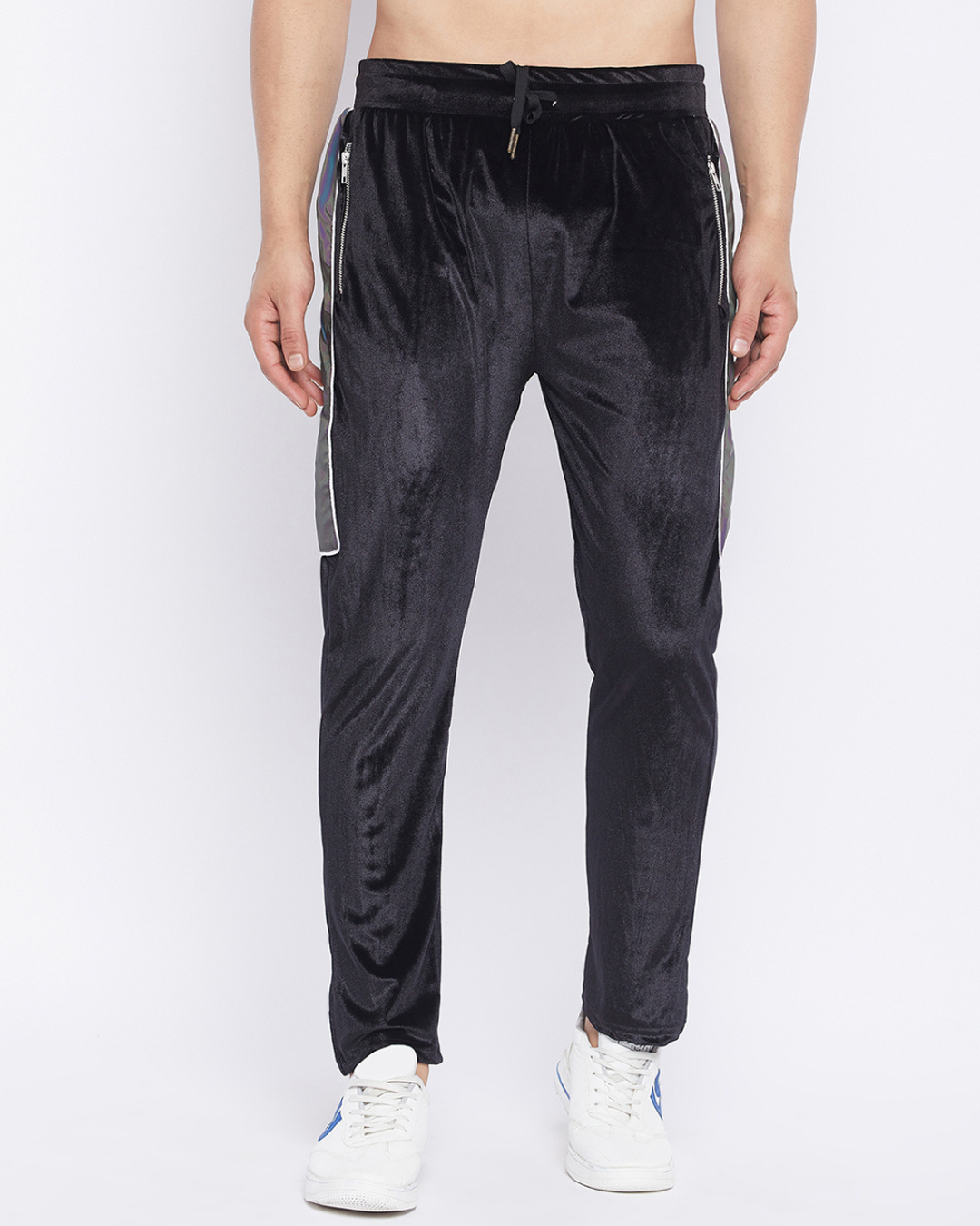 Buy Men's Black Cotton Slim Fit Velour Reflective Taped Sweatpants