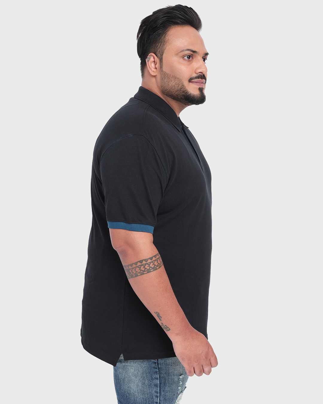 Shop Men's Black Cuffed Sleeve Plus Size Polo T-shirt-Back