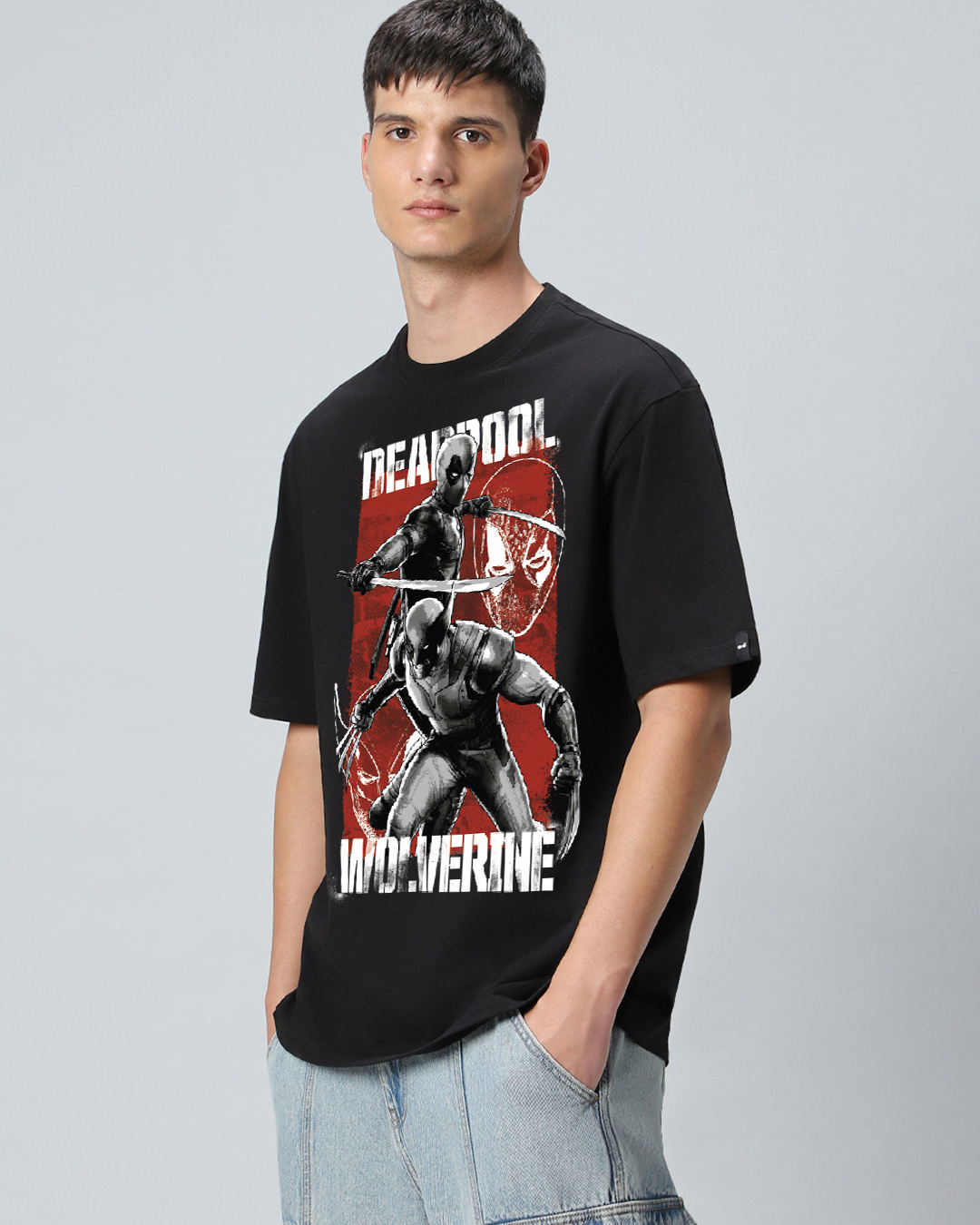 Shop Men's Black Deadpool Duo Graphic Printed Oversized T-shirt-Back