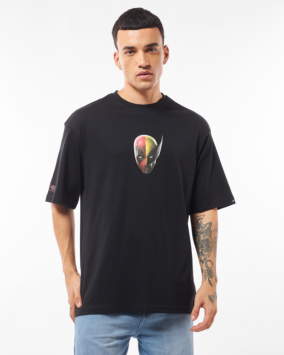 Shop Men's Black Deadpool Duo Graphic Printed Oversized T-shirt-Back