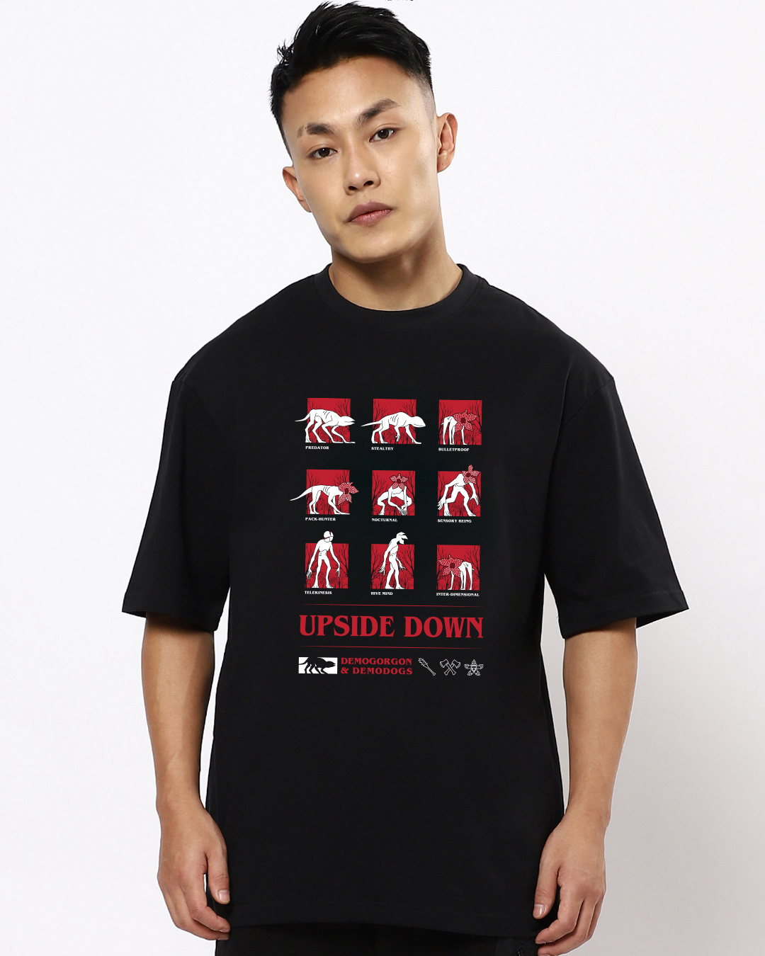 Shop Men's Black Demogorgon & Demodog Stranger Things Graphic Printed Oversized T-shirt-Back