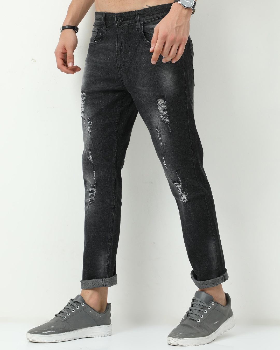 Shop Men's Black Distressed Slim Fit Jeans-Back