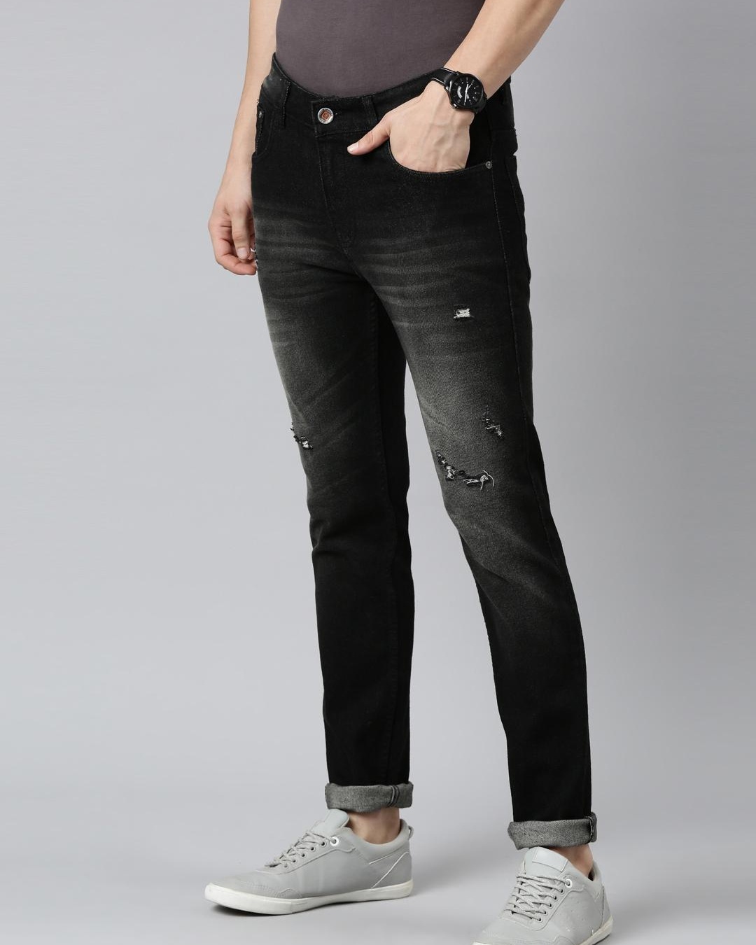 Shop Men's Black Distressed Slim Fit Jeans-Back