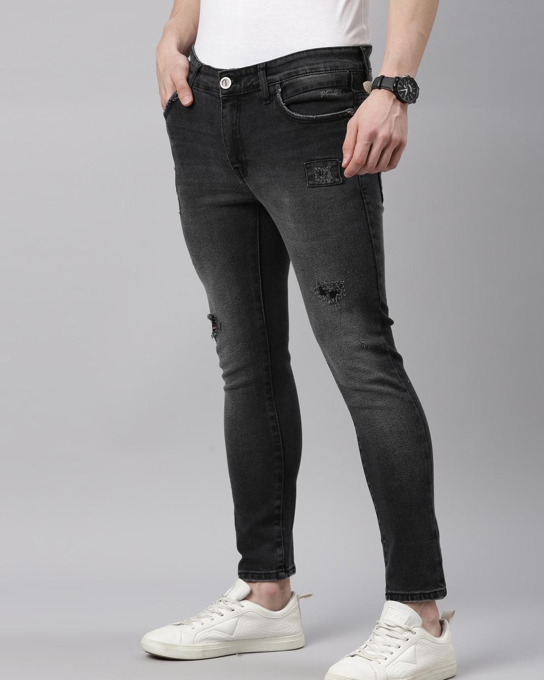 Shop Men's Black Distressed Slim Fit Jeans-Back