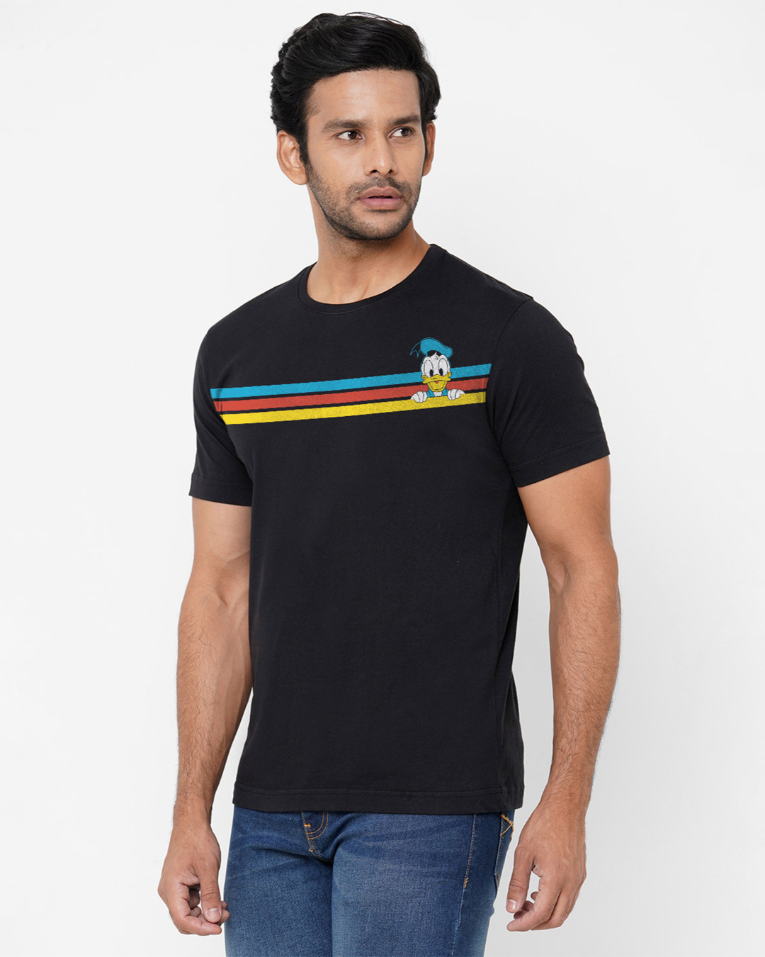 Shop Men's Black Donald Duck Retro Stripes Disney Official Cotton T-shirt-Back