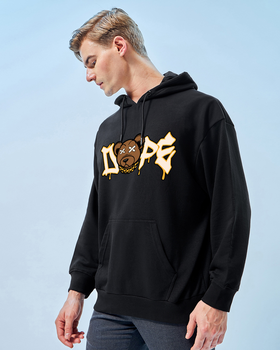 Shop Men's Black Dope Bear Graphic Printed Oversized Hoodies-Back