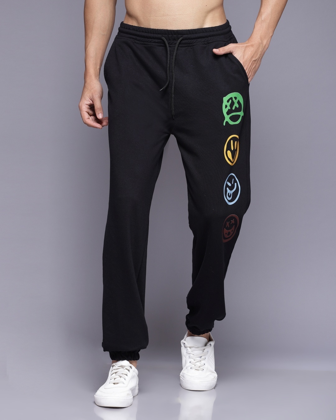 Shop Men's Black Emoji Printed Relaxed Fit Joggers-Back