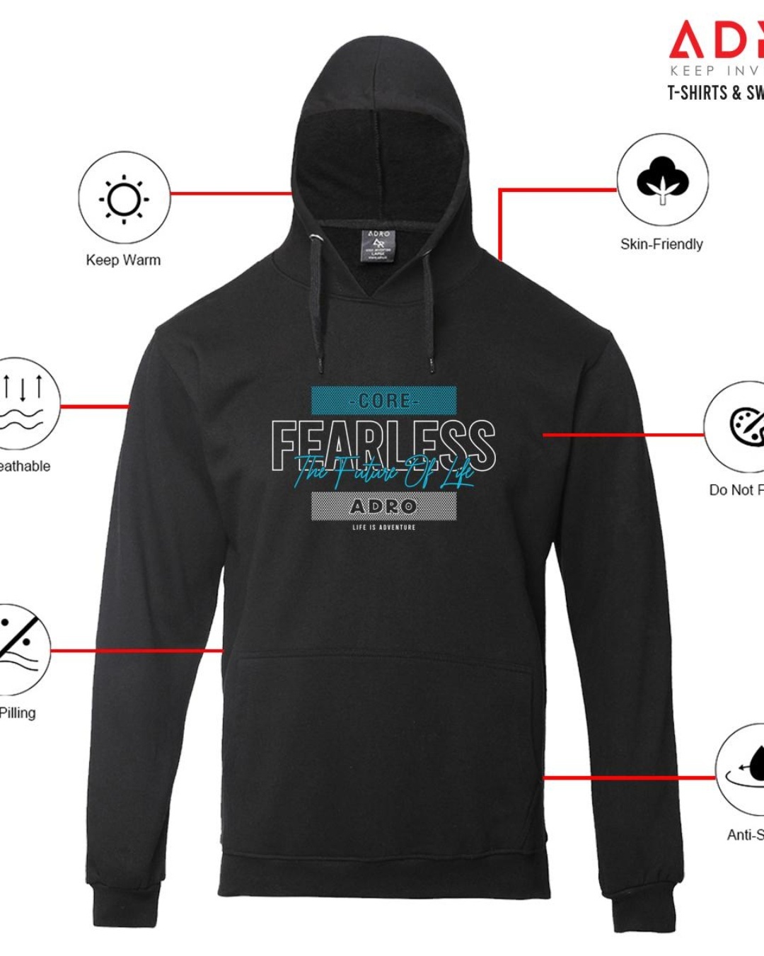 Shop Men's Black Fearless Typography Hoodie-Back