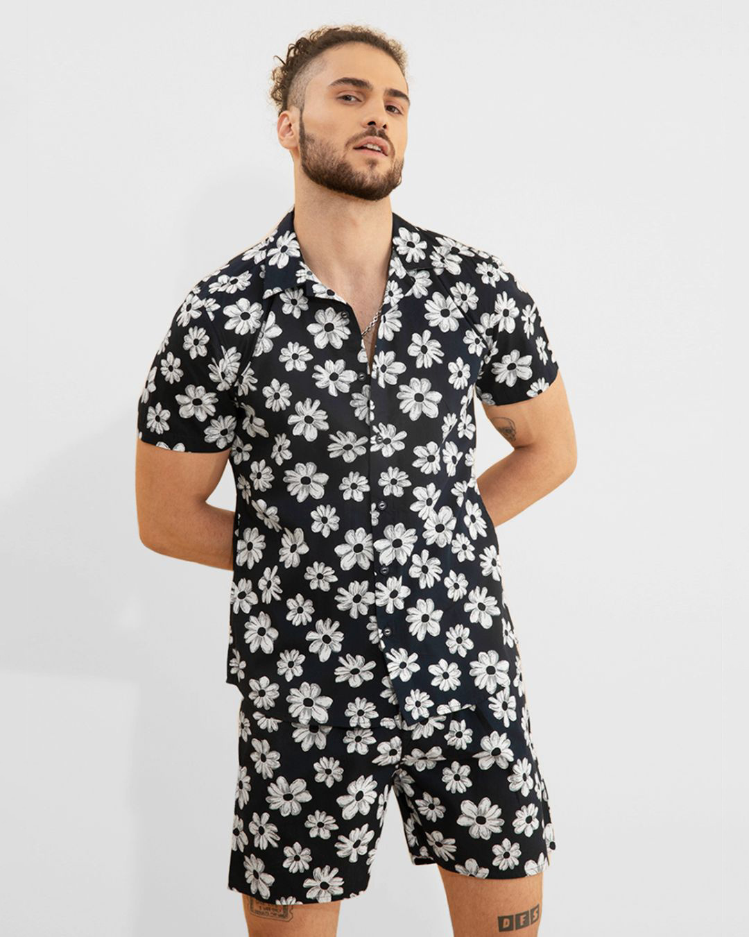 Shop Men's Black Floral Printed Cotton Co-Ord Set-Back