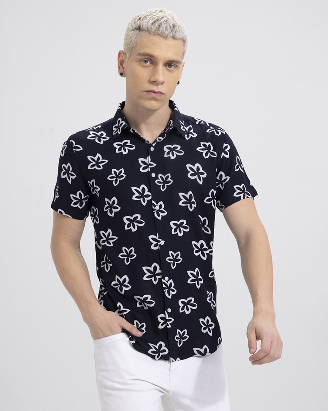 Men's Floral Printed Blue Slim Fit Shirt