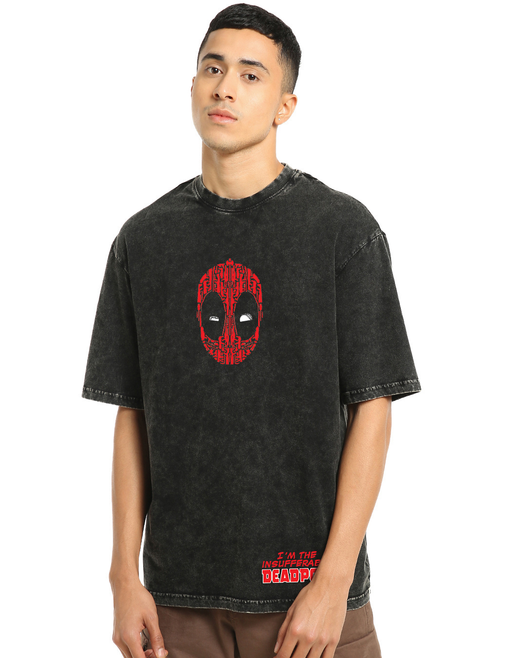 Shop Men's Black Foodie Deadpool Graphic Printed Oversized Acid Wash T-shirt-Back