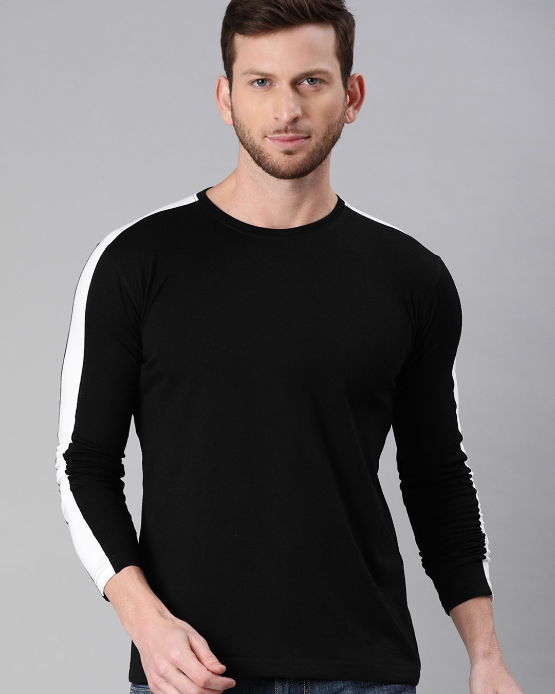 Buy Men's Black Full Sleeve T-shirt (White Stripe) for Men Black Online ...