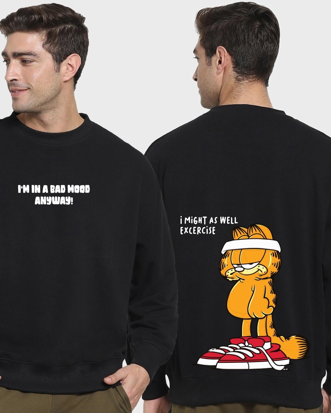 Buy Men's Black Garfield Workout Graphic Printed Oversized Sweatshirt