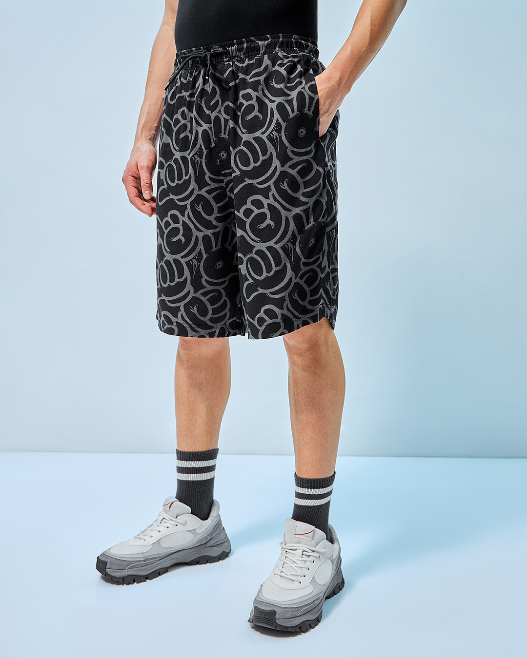 Shop Men's Black All Over Mickey Printed Super Loose Fit Shorts-Back