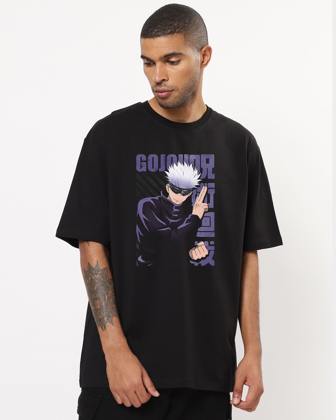 Shop Men's Black Anime Gojo Oversized T-shirt-Back