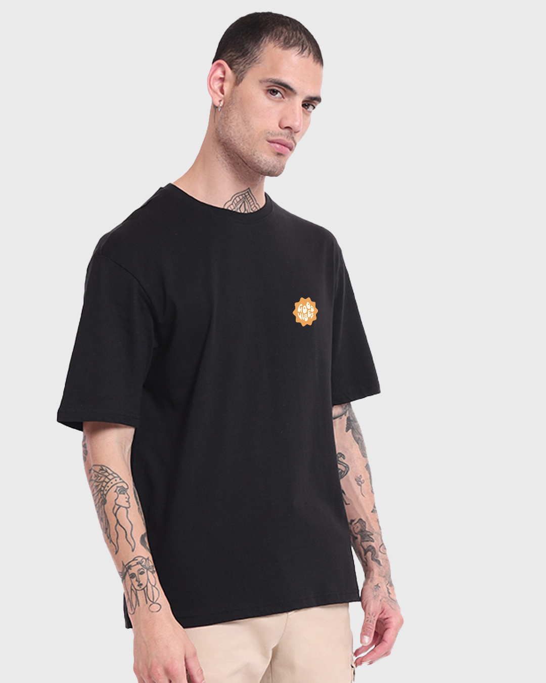 Shop Men's Black Good Vibes Typography Oversized T-shirt-Back